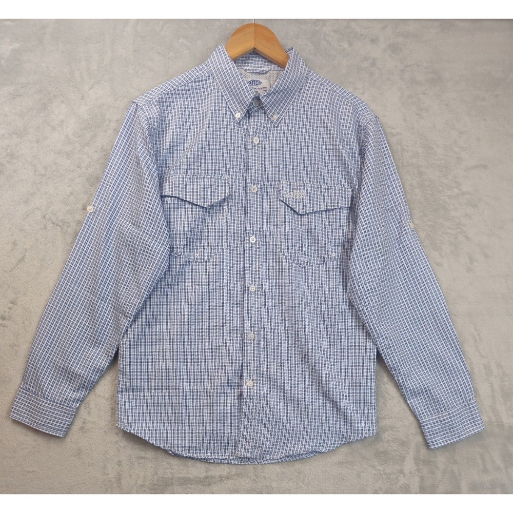 AFTCO Button-Down Fishing Shirt Small Blue Gingham Vented Roll Tab Sleeve Pocket